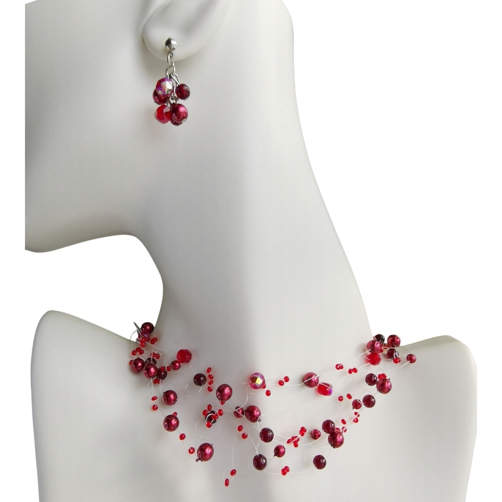 Red Pearl Crystal Illusion Choker Necklace and Earrings Set 🆕